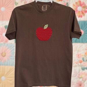 Polka Dot Apple Patchwork Brown Embroidered Tee Shirt